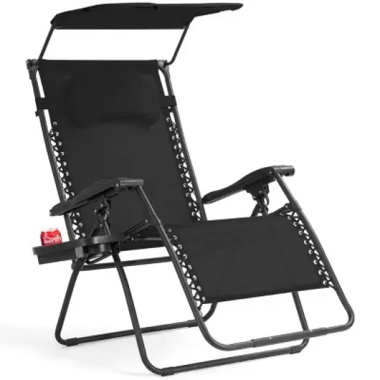 Costway Folding Recliner Zero Gravity Lounge Chair W/ Shade Canopy Cup Holder Black image {10}