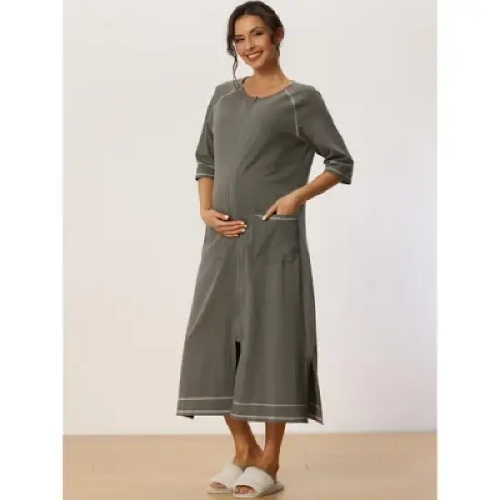 cheibear Womens Zipper Front Housecoat with Pockets Long Robes image {2}