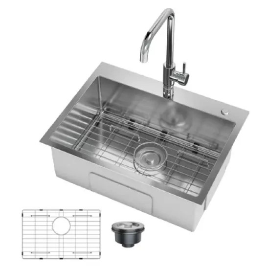 Drop In Kitchen Sink,Stainless Steel Kitchen Single Bowl Sinks, Modern Top Mount 16 Gauge Workstation Sink- with Pull-Down Faucet for Bar image {8}