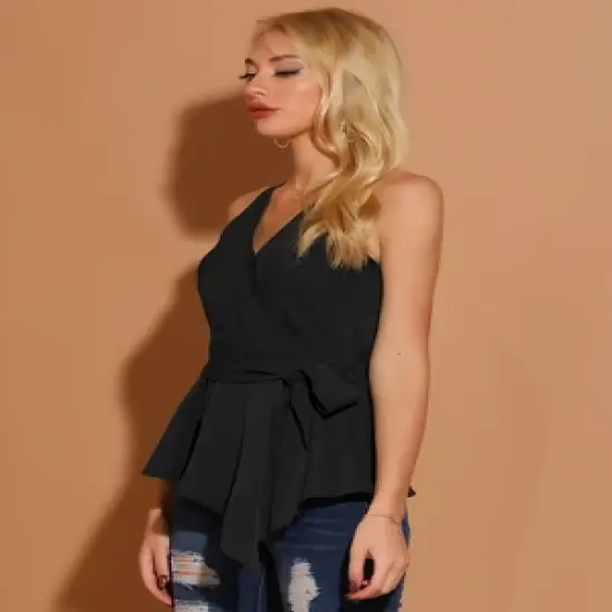 Allegra K Women's Summer Sleeveless V Neckline Wrap Tie Waist Tops image {3}