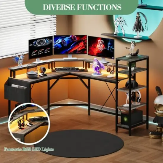61'' L-Shaped Gaming Desk, Ergonomic Computer Desk with 5-Tier Storage Shelves & Bag, Home Office image {5}