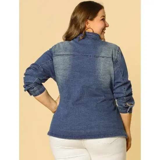 Agnes Orinda Women's Plus Size Stand Collar Zipper Denim Jacket image {4}