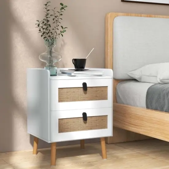 Costway Modern Nightstand End Bedside Table with 2 Rattan Drawers & Solid Wood Legs White image {1}