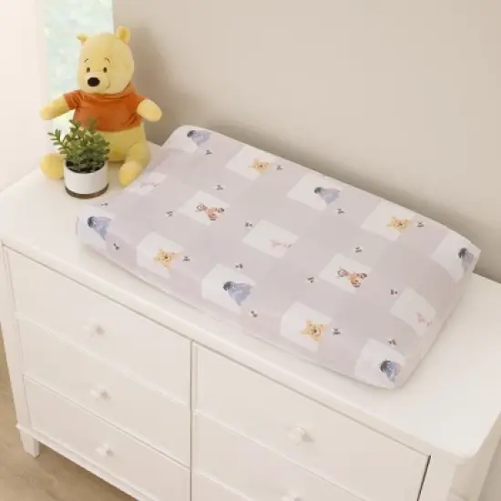 NoJo Disney Winnie the Pooh Hugs and Honeycombs Grey and White Plaid with Piglet, Tigger and Eeyore Contoured Changing Pad Cover image {1}
