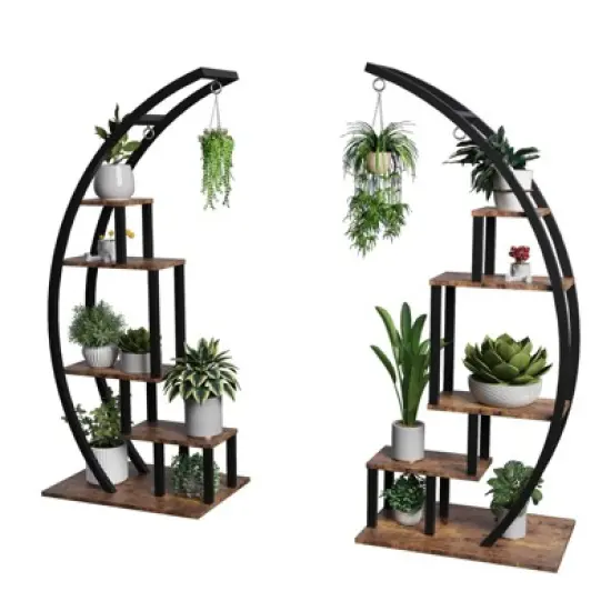 5 Tier Tall Metal Indoor Plant Stand, Half Moon Shape Garden Plant Holder, Round Flower Shelf Rack with 4 Hanging Hooks for Home image {1}