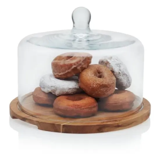 Libbey Acaciawood Flat Round Wood Server Cake Stand with Glass Dome image {7}