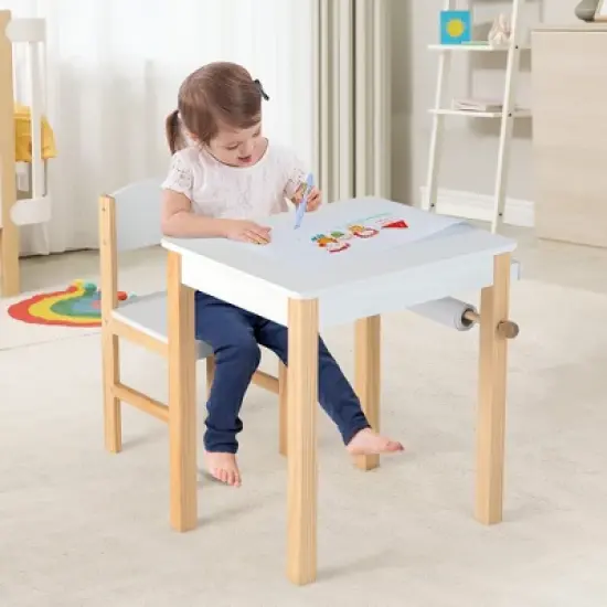 Costway Kids Table and Chair Set Wooden Activity Drawing Study Desk with Paper Roll  Drawer image {2}