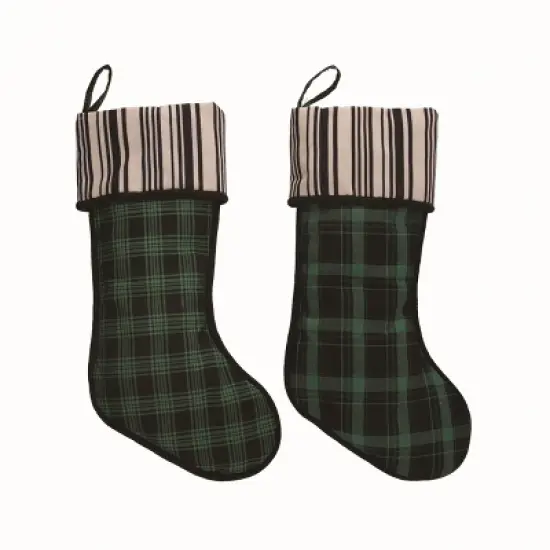 Transpac Fabric Plaid Christmas Stocking Set of 2 Holiday Home Decorations Polyester image {1}
