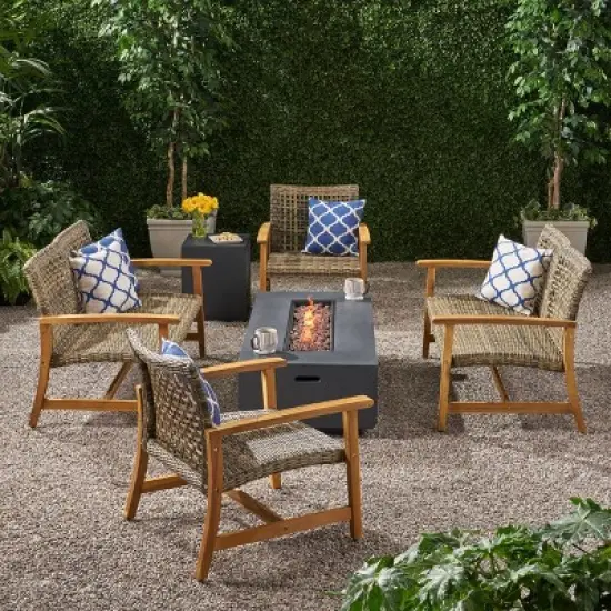 Augusta 6pc Wood & Wicker Chat Set with Fire Pit - Natural/Gray/Dark Gray - Christopher Knight Home image {11}