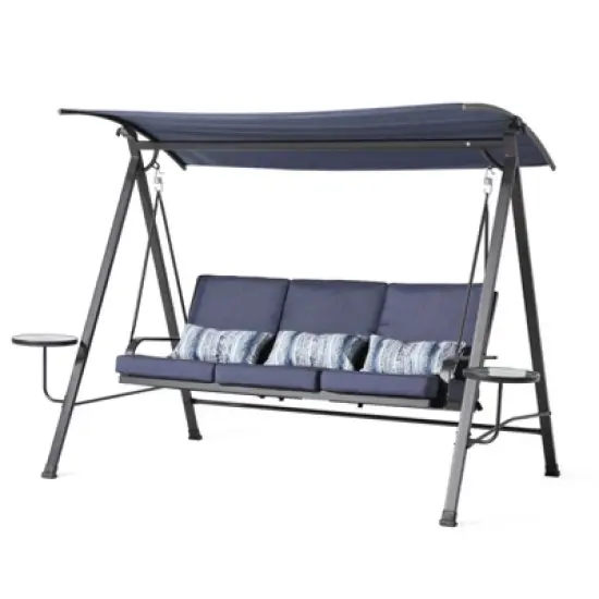 Okak 3-Seater Steel Porch Swing with Canopy,Outdoor Patio Swing Chair with Stand,Side Tables,Bench Swing for Patio,Garden,Backyard,Blue image {9}