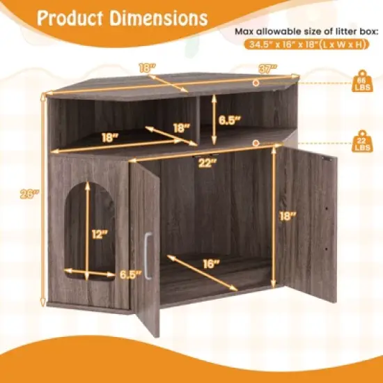 Tangkula 3-Tier Modern Corner Cat Litter Box Enclosure w/ Storage Shelves Double Doors image {8}