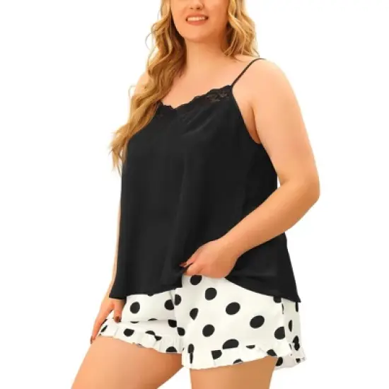 Agnes Orinda Women's Plus Size Polka Dots Sleep Short Satin Lace Trim Camisole Pajamas Set image {1}