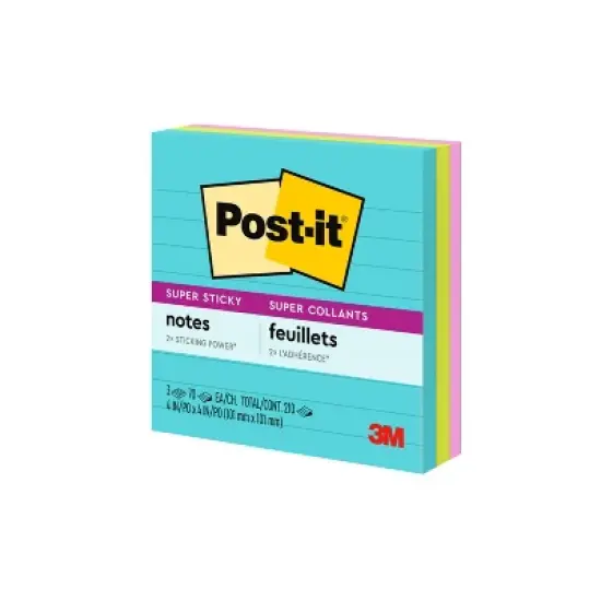 Post-it 3pk 4" x 4" Lined Super Sticky Notes 70 Sheets/Pad - Miami Collection: Multicolor Paper Basics, College Rule image {9}