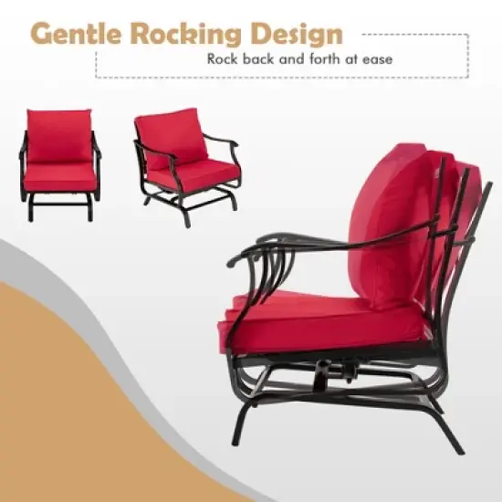 Costway 3PCS Patio Rocking Bistro Set Cushioned Chair Armrest Side Table Red image {3}