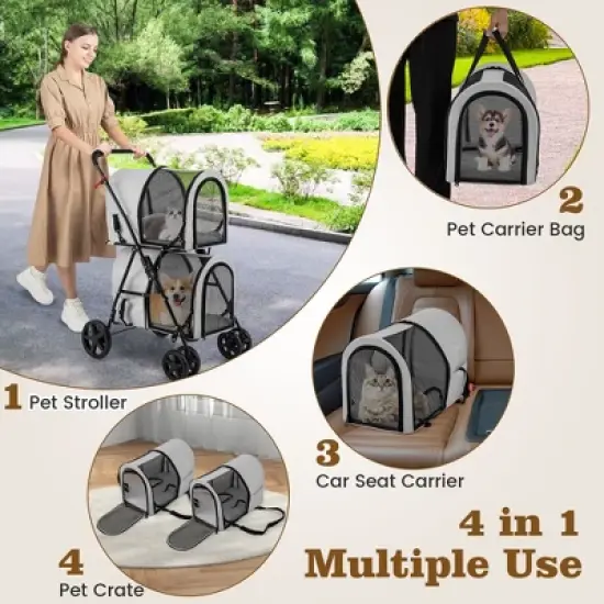 Tangkula 4-in-1 Double Pet Stroller w/ Detachable Carrier Travel Carriage for Cats image {4}