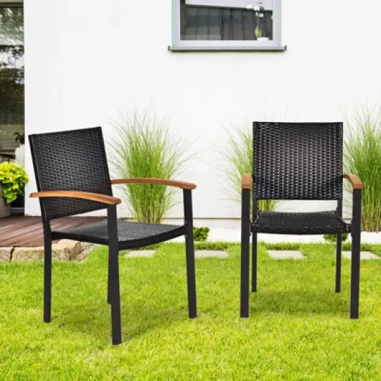 Tangkula Patio Rattan Dining Armchair 2 Set of Wicker Chair W/Steel Frame Acacia Armrests Indoor & Outdoor image {3}