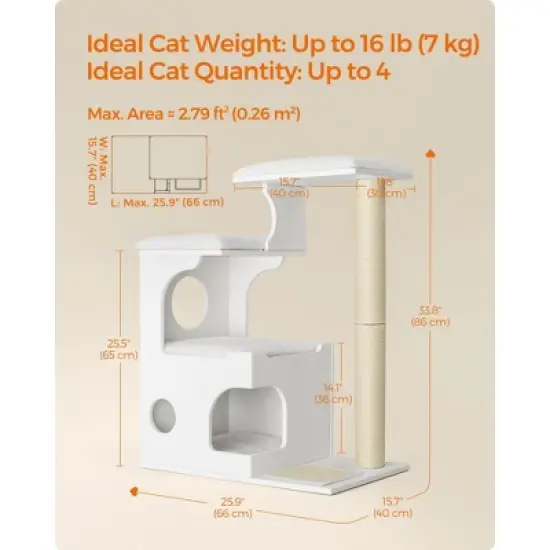 WoodyWonders 33.8-Inch Modern Cat Tower with 3 Perches, Scratching Post & Cave, Includes 4 Washable Cushions image {6}