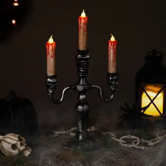 Northlight Antique-Style Skull Trio Flickering Halloween Candelabra - 13.75" - Amber Lights image {1}