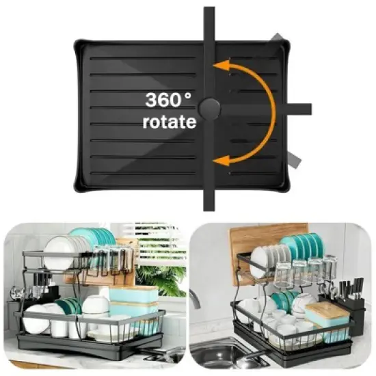 DOMETOUR 2 Tier Dish Drying Rack for Kitchen Counter, Black Metal Dish Drainer with Drainage System, Large Capacity, Space Saving & Rust-Resistant image {4}