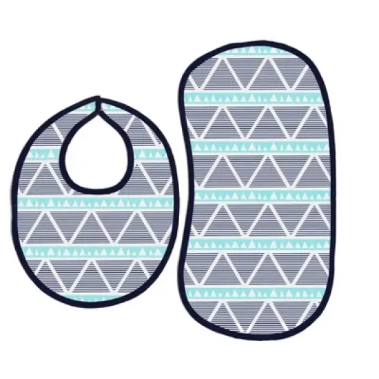 Bacati - Liam Aqua/Navy Triangles Muslin 4 pc set of Bibs & Burp Cloths Set .... image {1}