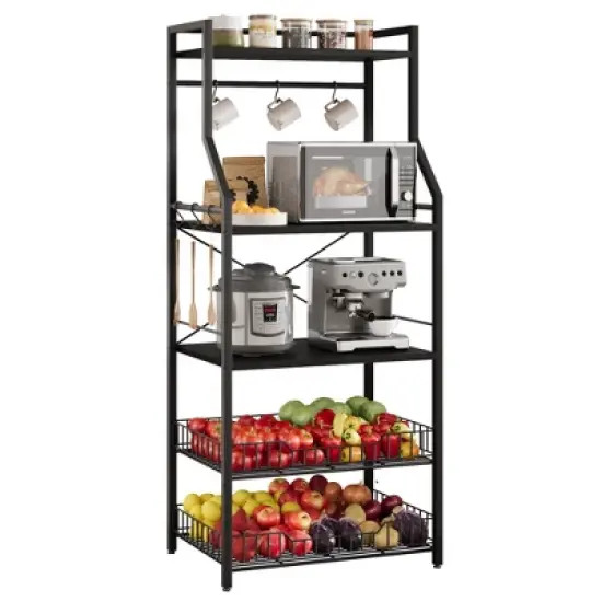 Bakers Rack, Microwave Oven Stand with 2 Large Wire Basket, 5-Tier Kitchen Utility Storage Shelf with 8 Hooks for Spice, Pots Organizer image {8}