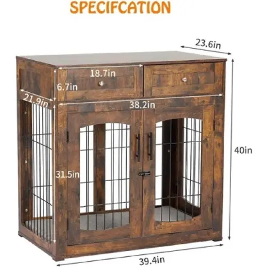 Wooden Dog Crate End Table with 3 Doors, 2 Drawers & Cushion | Furniture-Style Kennel for Small Large Breeds image {1}