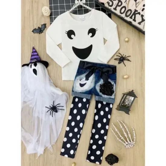 Girls Paranormal Cutie Top, Patched Denim Shorts & Legging Set - Mia Belle Girls image {1}