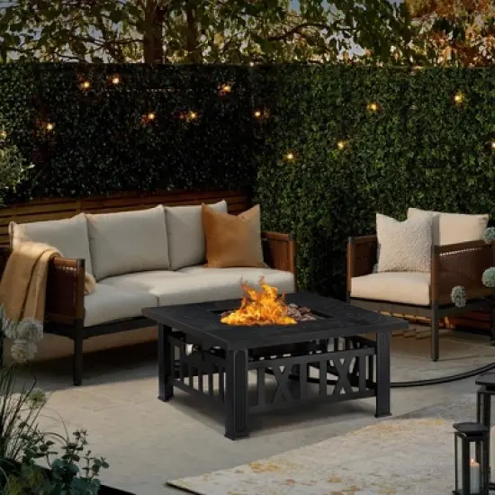 VECELO 30" Square Propane Fire Pit Table Faux-Stone Tabletop 50,000 BTU Gas with Mesh Lid Black image {8}