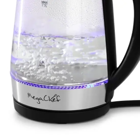 MegaChef 1.7L Glass & Stainless Steel Electric Tea Kettle Clear/Silver: 1000W, Borosilicate Glass, 90-Day Warranty image {2}