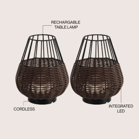 JONATHAN Y Elian 10" Decorative Indoor/Outdoor Faux Wicker Rechargeable/Cordless Dimmable Integrated LED Table Lamp image {2}