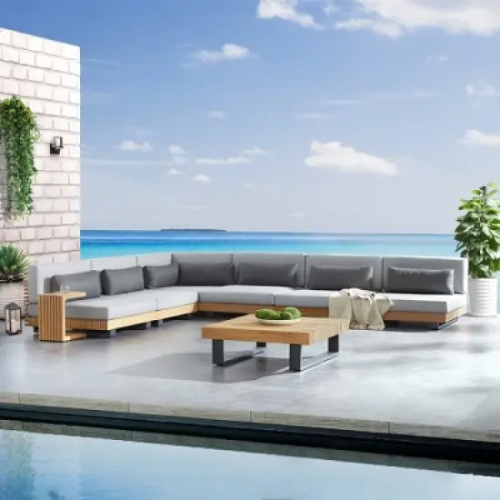 Decksplore 8PCS L-Shaped Sofa with Dining Table, Outdoor Teak Wood Sofa image {4}