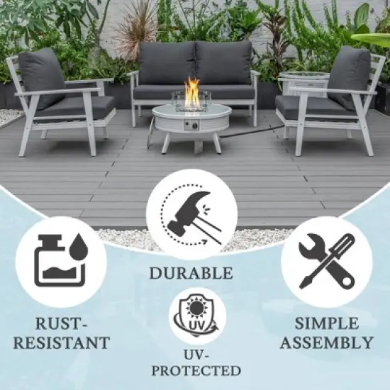 LeisureMod Walbrooke 4-Piece Outdoor Patio Conversation Set &ndash; White Trim Fire Pit Table with Cushioned Ottoman for Patio, Deck, Balcony & Backyard image {5}