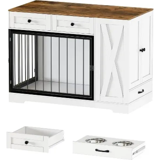 PAKASEPT Dog Crate Furniture, 47"W Dog Crate with Storage Cabinet and Feeder, Dog Kennel Furniture with Double Doors for Small/Medium/Large Dog image {2}