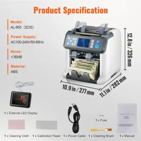VEVOR Money Counter Machine, Bill Counter with Mixed Denomination, 2CIS, SN, UV, IR, MG, DD Counterfeit Detection, Multi Currency, Value Counting image {7}