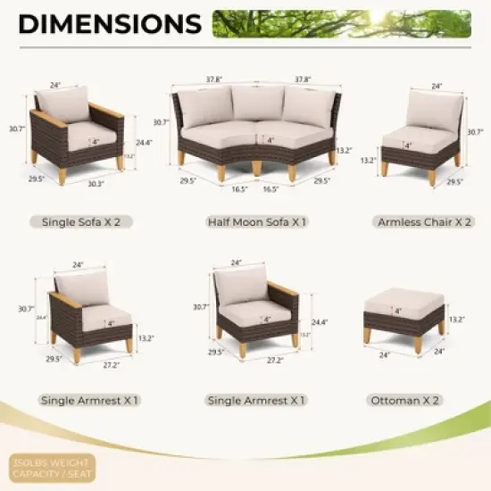 Captiva Designs 10pc Outdoor Wicker Rattan Patio Half-Moon Curved Sectional Sofa Set with Cushioned Ottoman image {1}