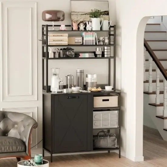 spanspace 66" Kitchen Bakers Rack with Tilt-Out Trash Cabinet with Power Outlet, Removable Drawers & 6 Hooks, Fits 10-Gallon Bins image {9}