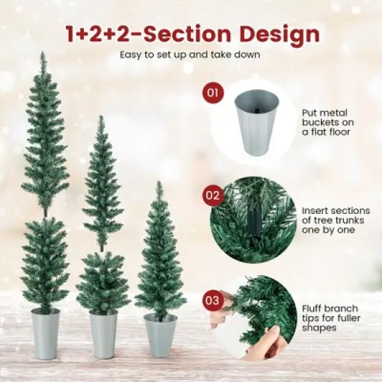 Costway Potted Artificial Christmas Tree Set of 3 with 3/4/5 FT Faux Slim Pencil Trees image {8}
