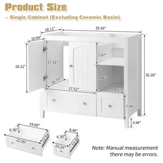 phiestina 36" White MDF Bathroom Vanity Cabinet without Basin, Double Doors, Double Drawers, Decorative Strips, Modern Storage Cabinet for Bathroom image {6}