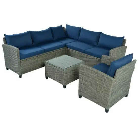 5pc Outdoor Wicker Conversation Set with Cushions - Blue - GODEER image {2}