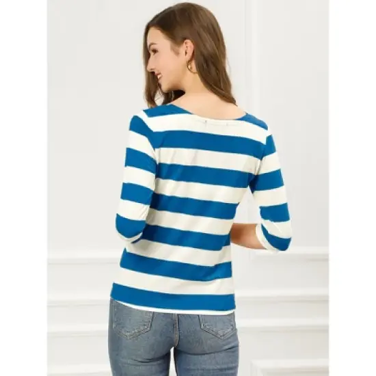 Allegra K Women's Elbow Sleeves Casual Basic Boat Neck Slim Fit T-Shirts image {4}