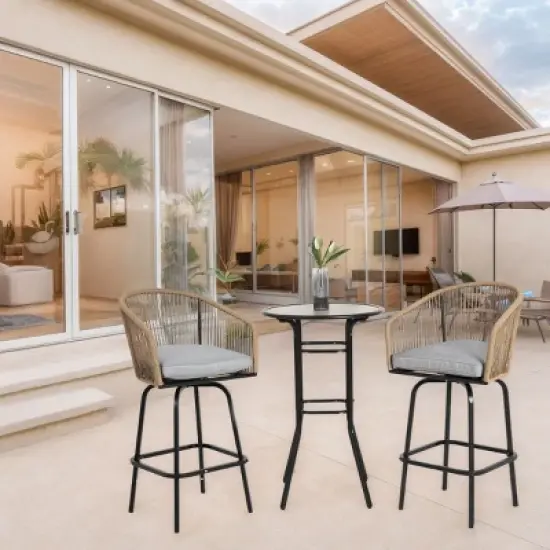 3 Piece Outdoor Patio Bistro Bar Set,Patio Round Bar Table and 2 Swivel Bar Stool Set with Cushion,Bar Height Metal Garden Dining Set-Coolbibila image {8}