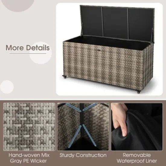 WELLFOR 96gal Outdoor PE Wicker Storage Box with 4 Wheels for Gardening Tools Gray image {4}