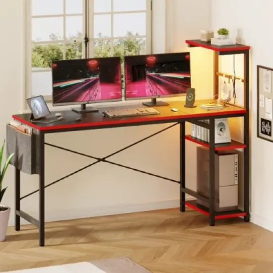 Bestier 61" Reversible Gaming Computer Desk with Power Outlet LED Desk with 4 Tier Shelves image {6}