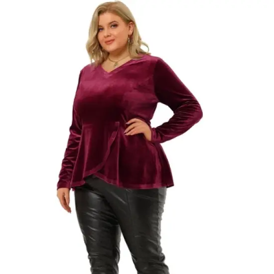 Agnes Orinda Women's Plus Size V Neck Tulip Hem Long Sleeve Peplum Velvet Tops image {3}