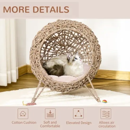 Maliang 20.5" Weaved Cat Bed, Elevated Hand-woven Braided Banana Leaf Kitten House Condo with Cushion, Beige image {5}