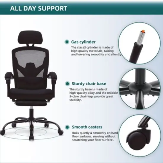 Bestier Office Chair Ergonomic Desk Chair, Home Mesh Office Desk Chairs with Wheels, Lumbar Support Pillow and Padded Armrests, Comfy Gaming Chair image {6}