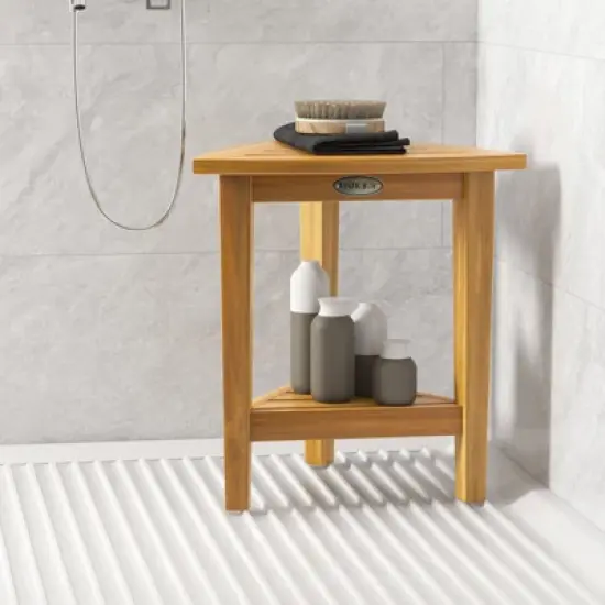 Tangkula Shower Stool Teak Wood Corner Bath Stool w/ Storage Shelf Shower Seat Chair image {1}