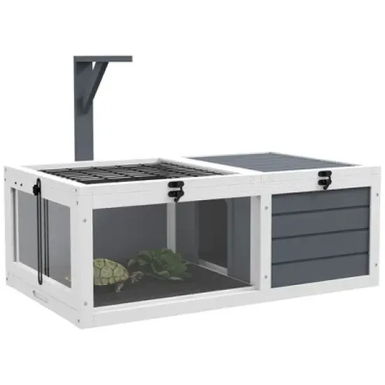 PawHut Tortoise Habitat, Wooden Tortoise House, Indoor Outdoor Tortoise Enclosure with Lamp Holder, Pull-out Waterproof Trays, Openable Lids, Gray image {6}