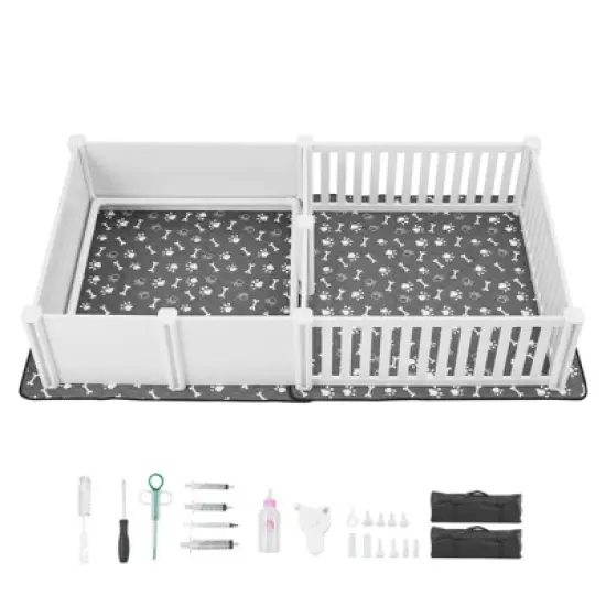 VEVOR Dogs Whelping Box, 93.3x48.4x18.1 inch, Plastic PVC Puppies Playpen with Height Adjustable Door and Washable Pee Pad, Milk White image {8}