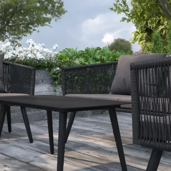 Merrick Lane Outdoor Furniture 4 Piece Black Woven Aluminum Frame Loveseat, 2 Chair and Coffee Table Set With Gray Cushions image {8}